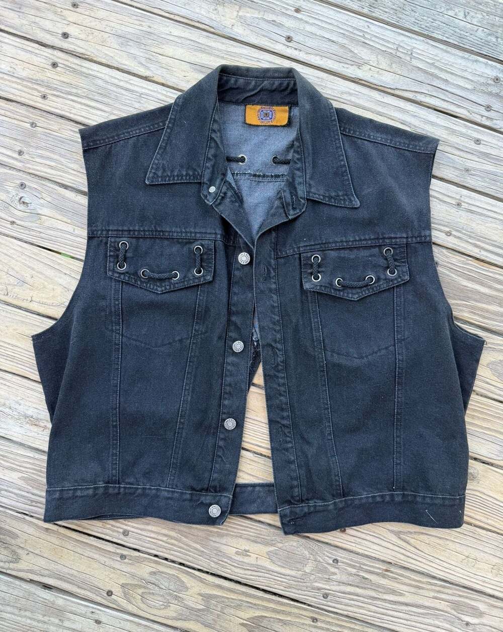 Baccini Vintage Black Denim Lace-Up Grommet Detail Vest